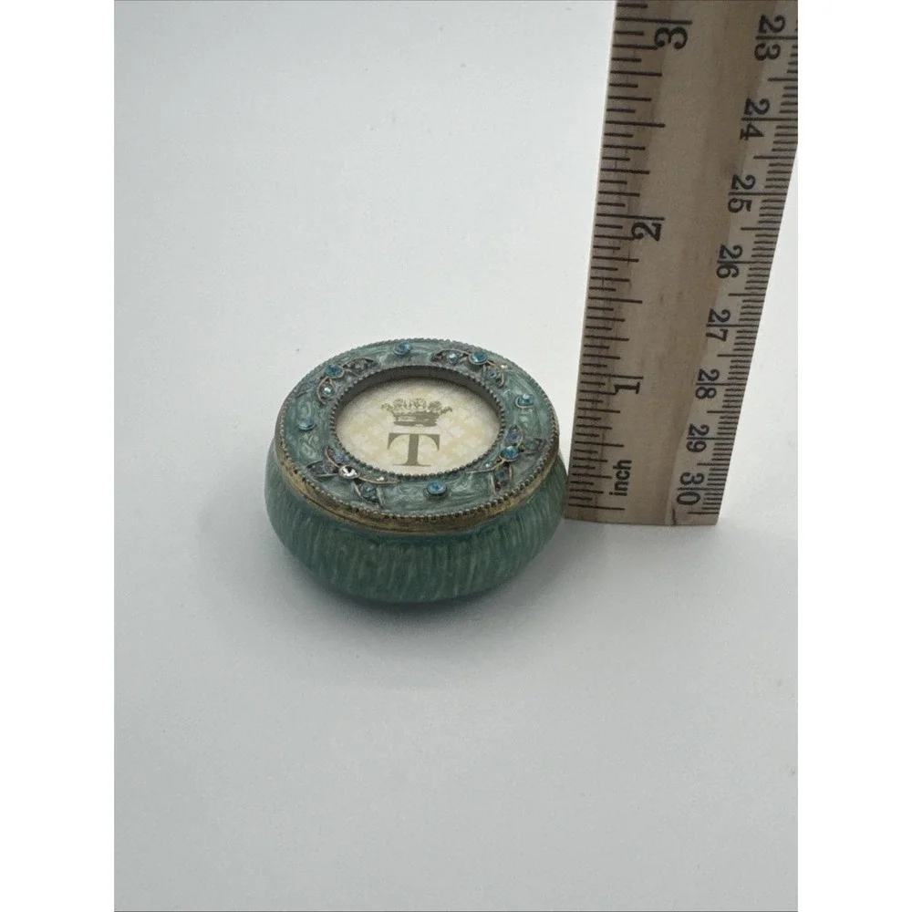 Bejeweled CYAN Blue Round Trinket Box Fairycore‎ Whimsical Dainty